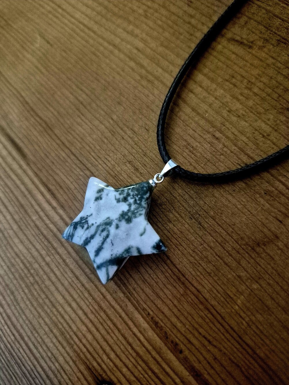Star-Shaped Moss Agate Pendant Necklace - White & Green- Leather Cord